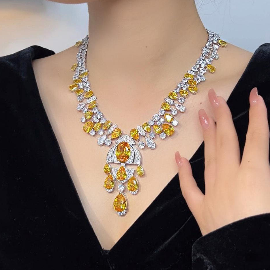AuraBelle Alloy Gemstone Necklace Earrings Set, Wedding Dinner Jewelry