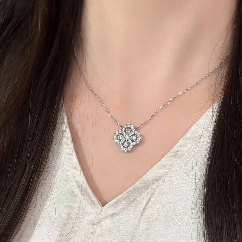 Aurabelle 925 sterling silver gemstone necklace, four-leaf clover full diamond necklace, lucky necklace