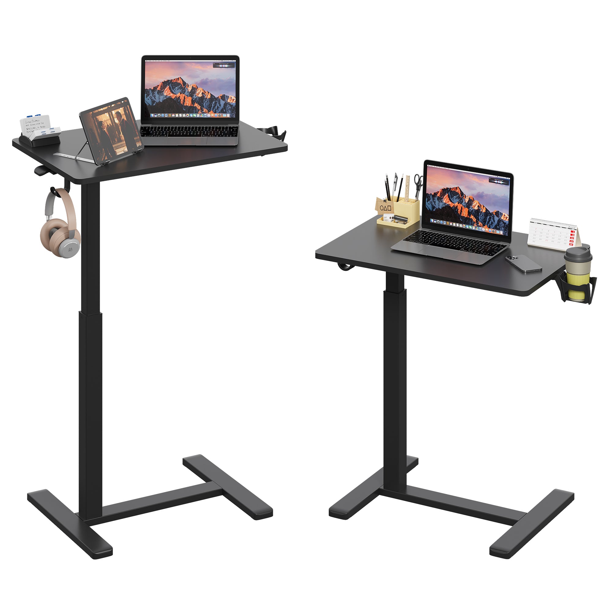 [Gamork] Mobile Standing Desk on Wheels, Gas Spring Adjustable Height Rolling Portable Laptop Desk,   Small Sit Stand Desk with Cup Holder/Headphone Hook ,Laptop desk for bed 26"×19"