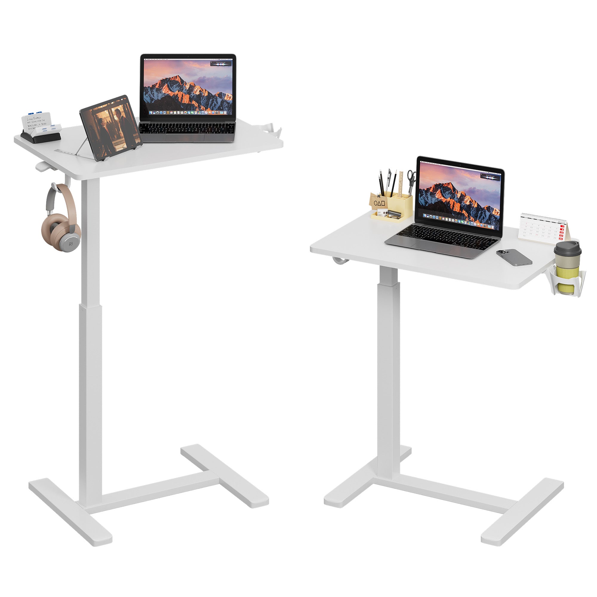 [Gamork] Mobile Standing Desk on Wheels, Gas Spring Adjustable Height Rolling Portable Laptop Desk,   Small Sit Stand Desk with Cup Holder/Headphone Hook ,Laptop desk for bed 26"×19"